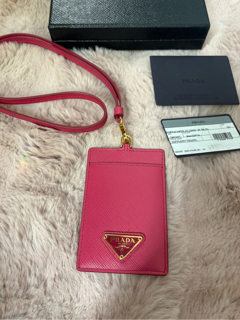 Prada Pink Saffiano Leather badge Holder with Strap